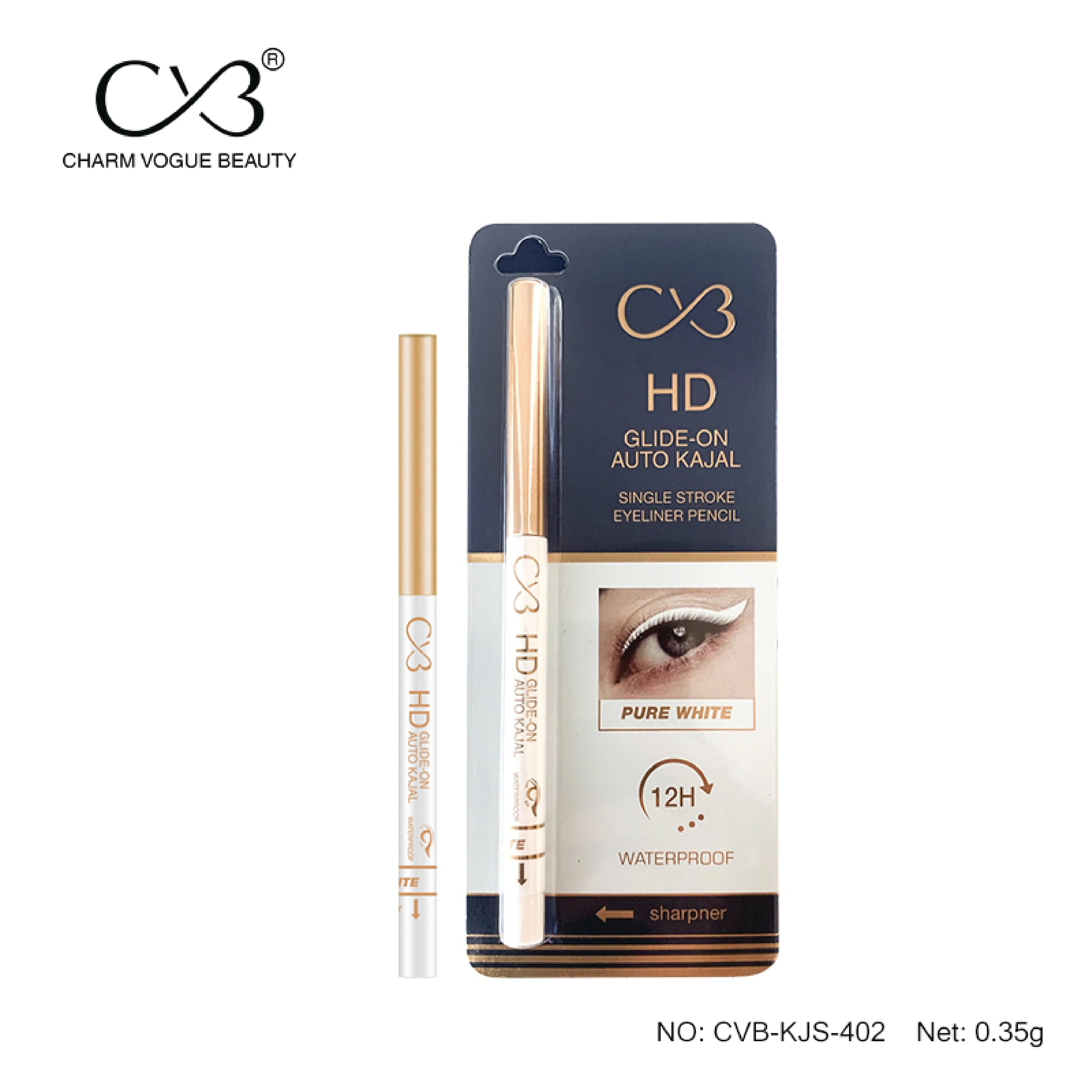 CVB KJS402 HD Glide-On Auto Kajal for 12H Long Lasting Stay, Single Stroke Eyeliner Pencil with Attached sharpener (Pure White, 0.35g)