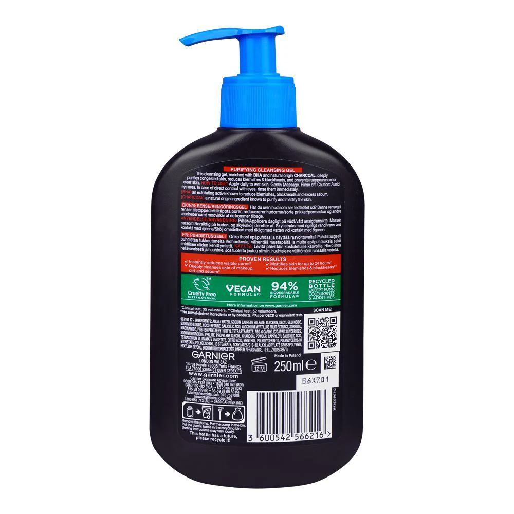Garnier Skin Active BHA Salicylic Acid+Charcoal Anti-Blackhead Purifying Cleanser 250 ML - Image 2
