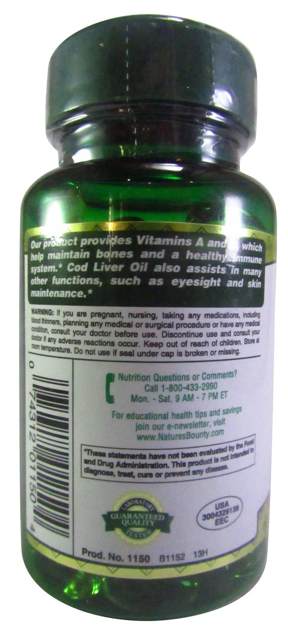 Natures Bounty Omega-3 Cod Liver Oil - 100 Softgels - Image 2