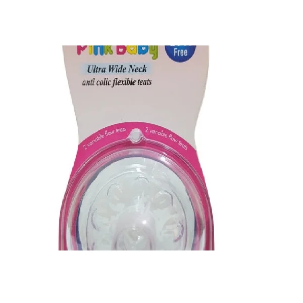 Pink Baby Ultra Wide Neck Anti-colic Flexible Teats, 2 variable flow teats- Variable 9+ (A-34)
