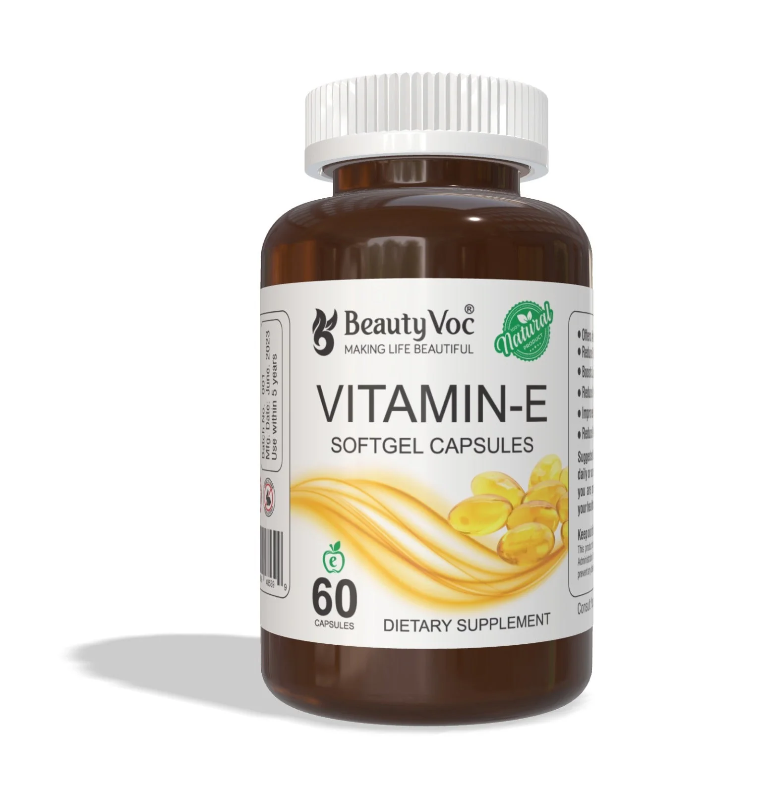 BeautyVoc Vitamin E Softgel Capsule | For Skin Glow, Hair Growth & Antioxidant Support | Supplement for Men & Women