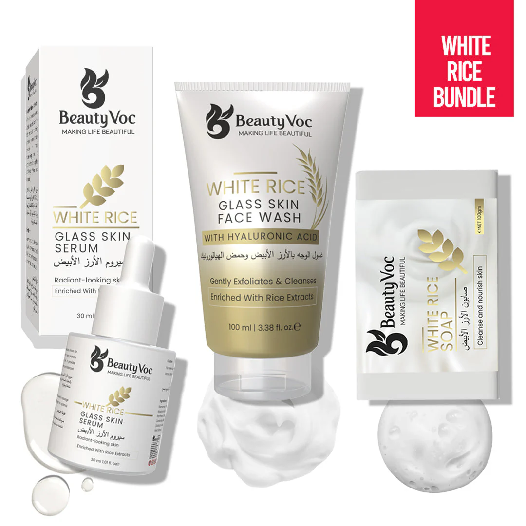 BeautyVoc White Rice Glow Kit – Korean Face Wash, Serum, Soap, Sunblock for Bright & Glass Skin